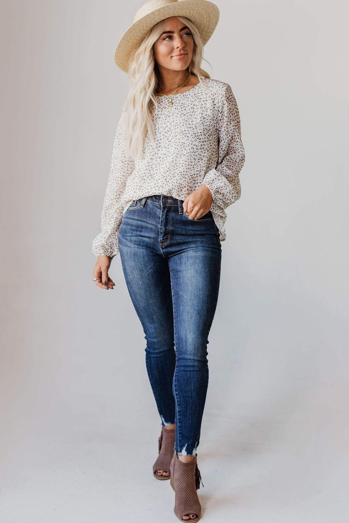 Leopard Round Neck Long Sleeve Blouse