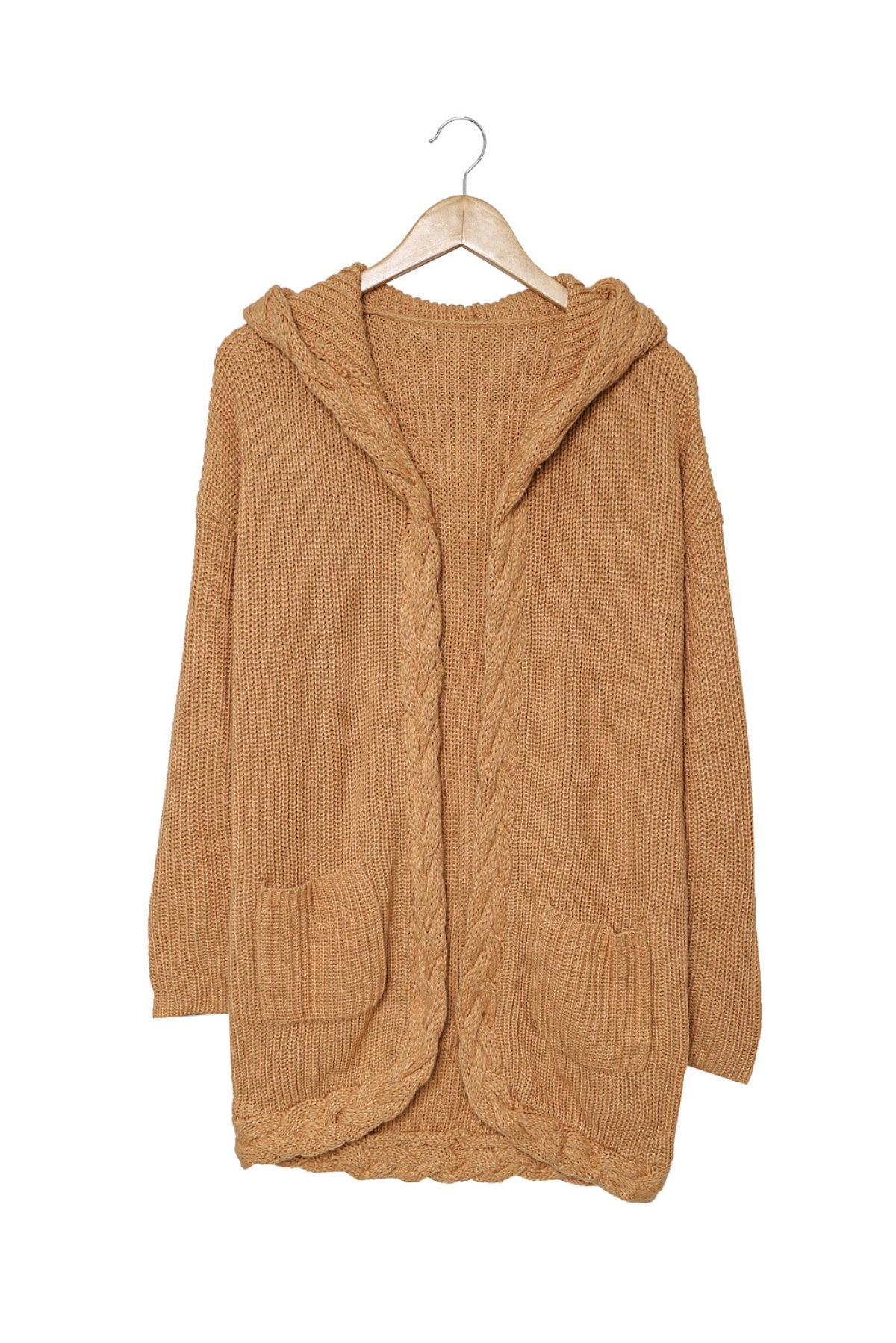 Solid Color Cable Knit Cardigan With Pockets