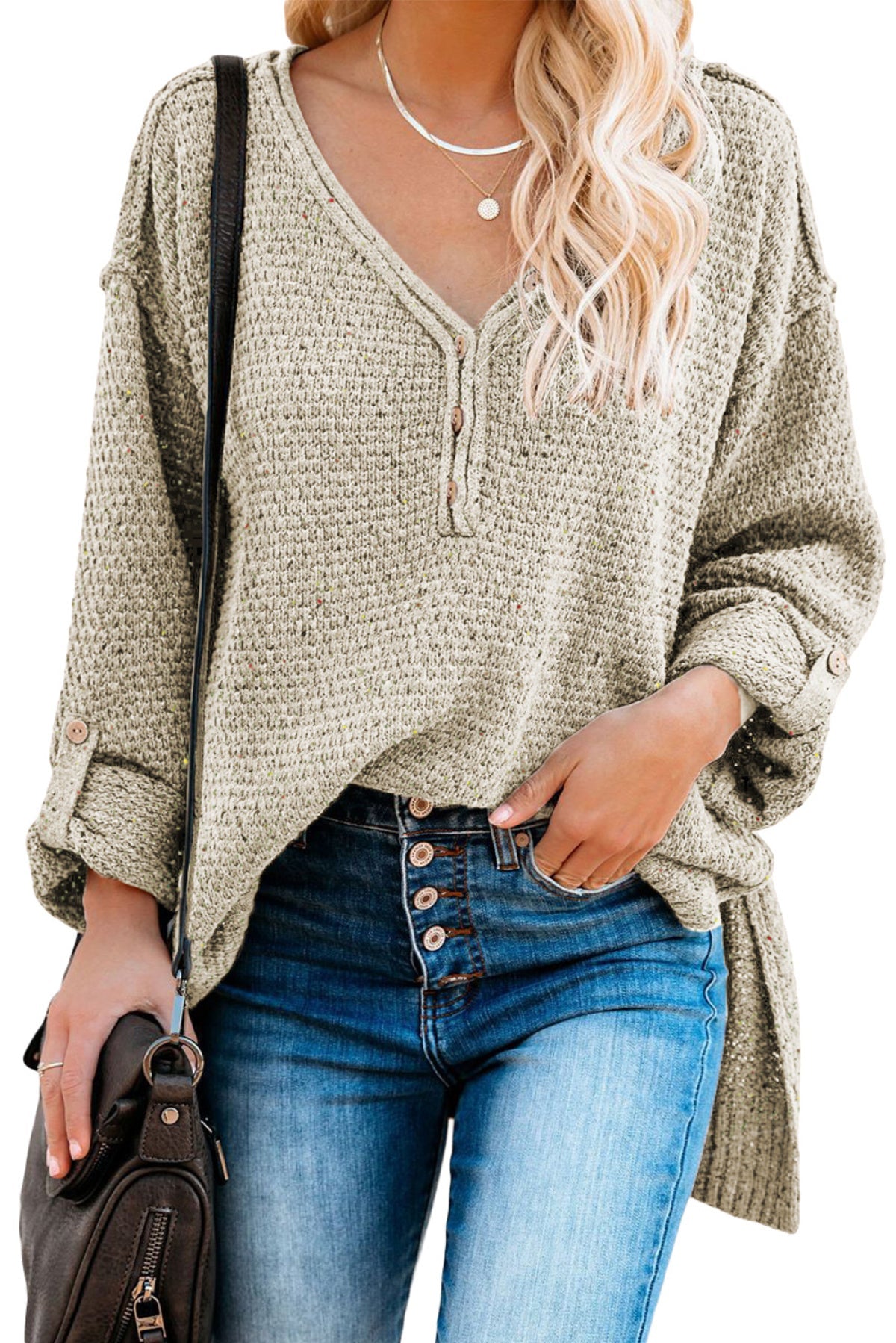 Buttoned Drop Shoulder Knitted Sweater