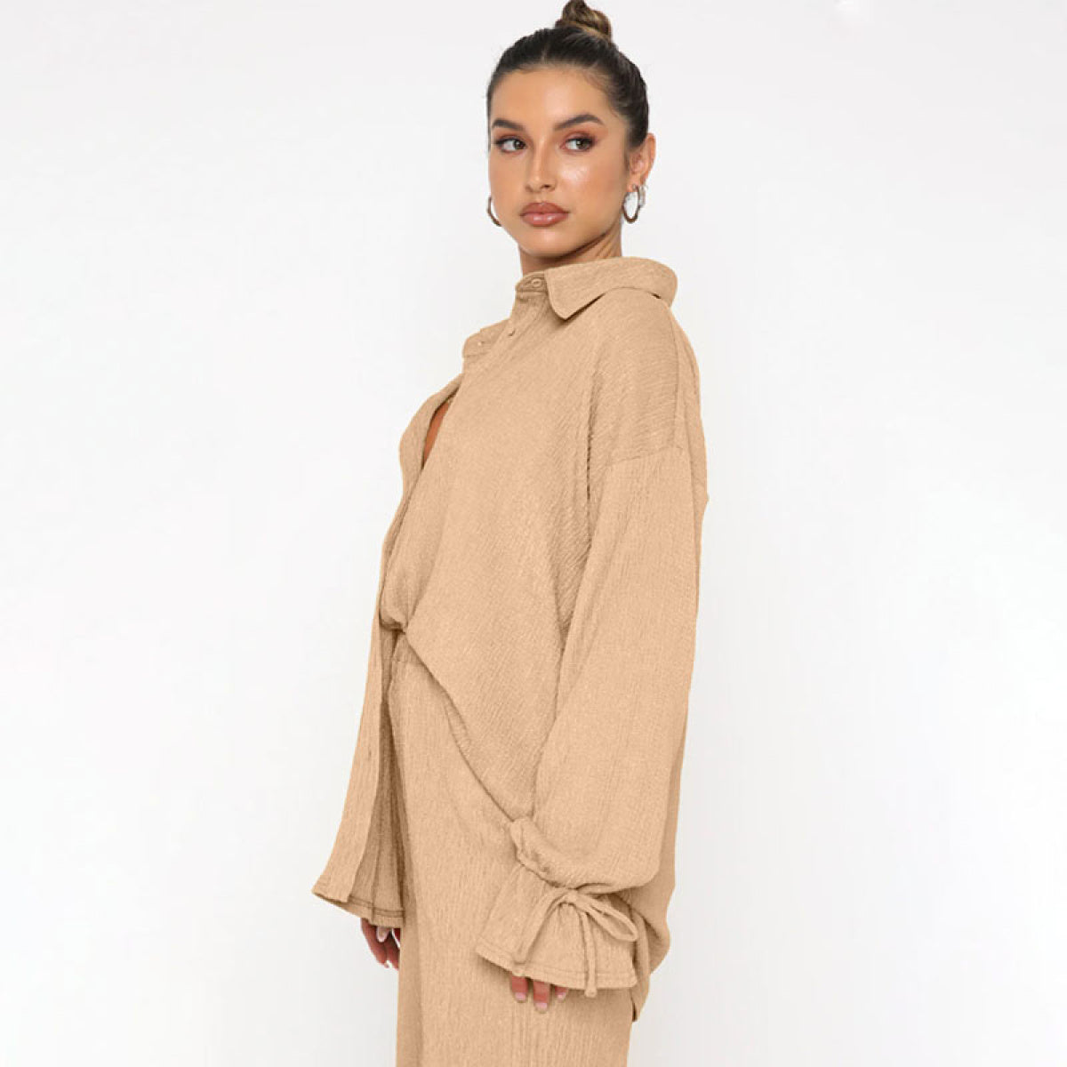 Single-Breasted Balloon Long-Sleeved Blouses & Slit Pants Sets