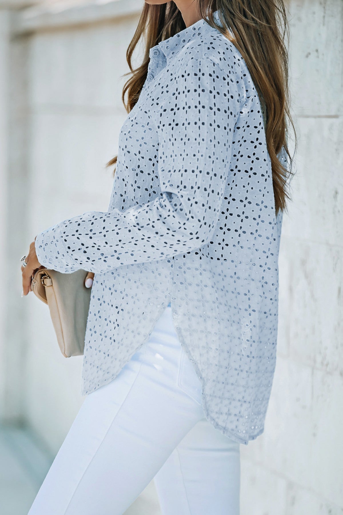 Long Sleeve Eyelet Floral Cut Out Shirt