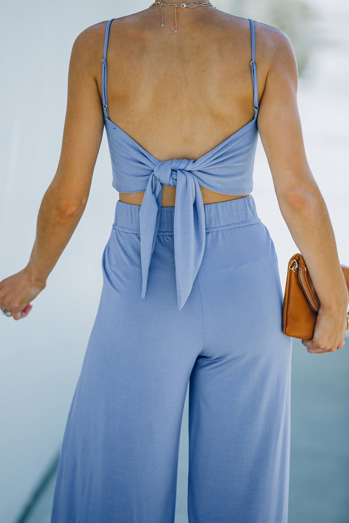 Sky Blue Knotted Backless Cami Top And Split High Waist Pants Set