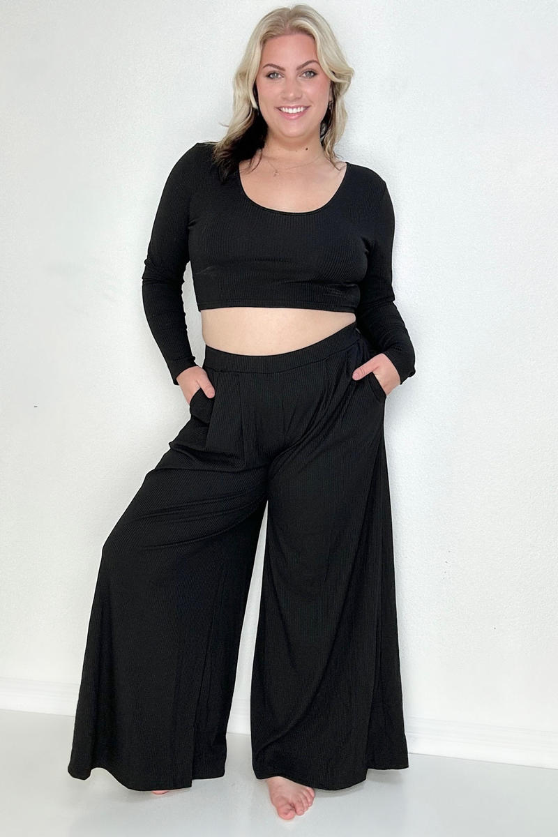 Black Ribbed Crop Top And Wide Leg Pants Set