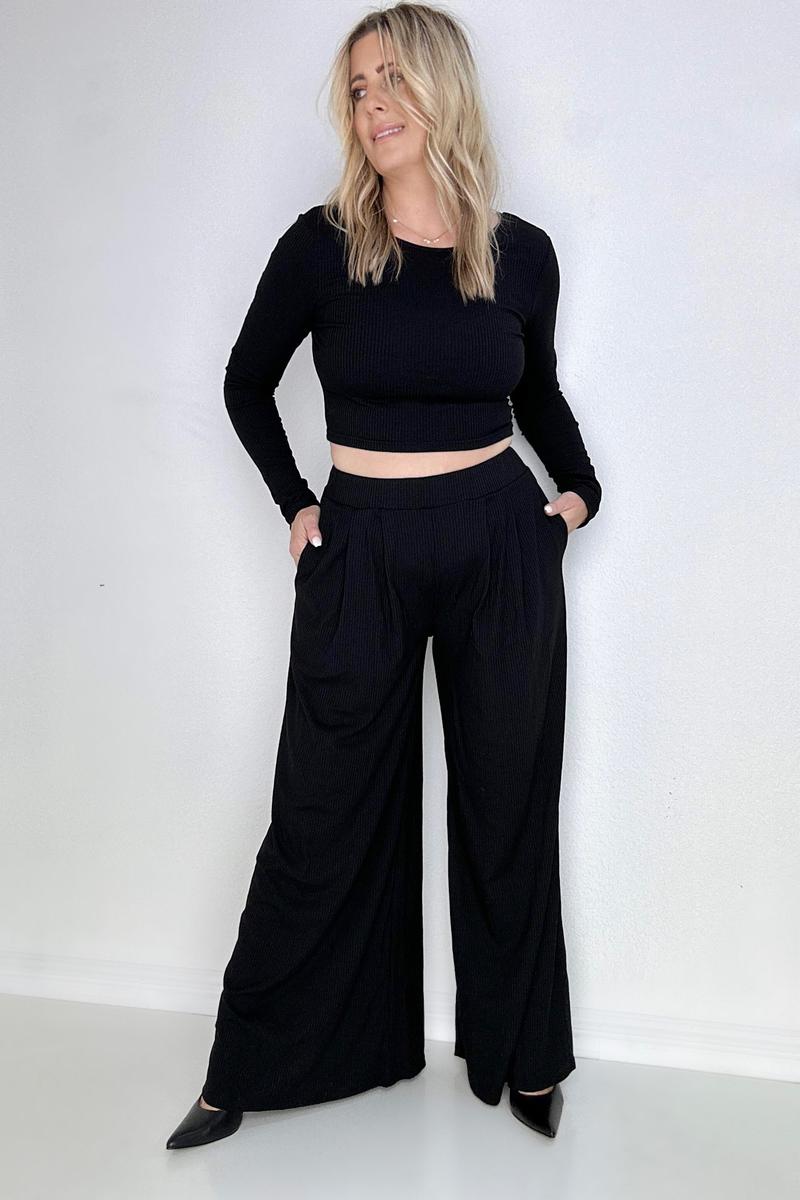 Black Ribbed Crop Top And Wide Leg Pants Set