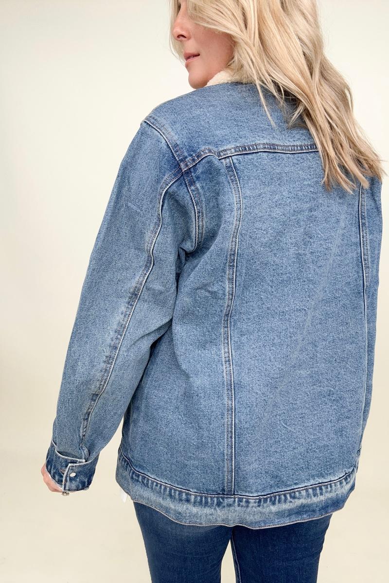 Cotton Bleu Oversized Washed Denim Jacket With Sherpa Collar