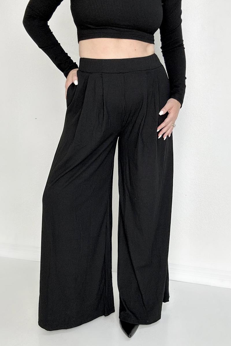 Black Ribbed Crop Top And Wide Leg Pants Set